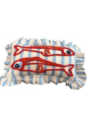 Blue and cream striped Accent Pillow with stitched Fish Design. Linen blend